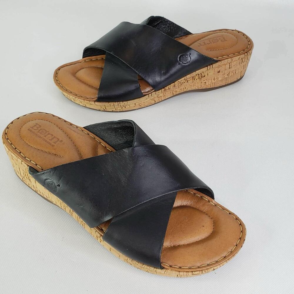 BØC Born Leather Wedge Sandals Hana Crossover Black Women’s Size 9